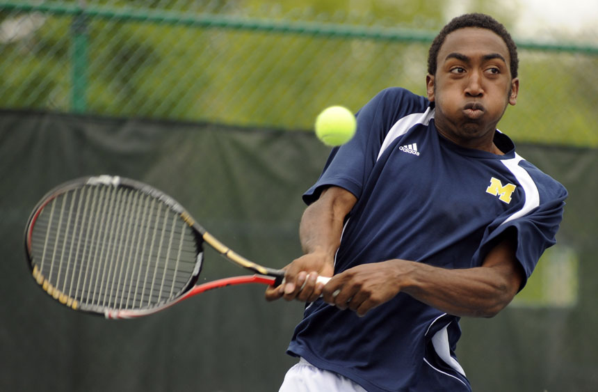 Michigan's Evan King competes in a doubles match against Indiana during the Big Ten Men's Tennis Tournament on Friday, April 30, 2010, at Indiana University in Bloomington, Ind.