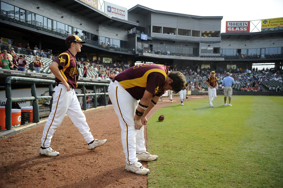 Thorndale's Tyler Jordan takes a moment to himself after his team was eliminated with a 5-4 loss to Evadale in a Class 1A semifinal at Dell Diamond in Round Rock on Wednesday, June 9, 2010.