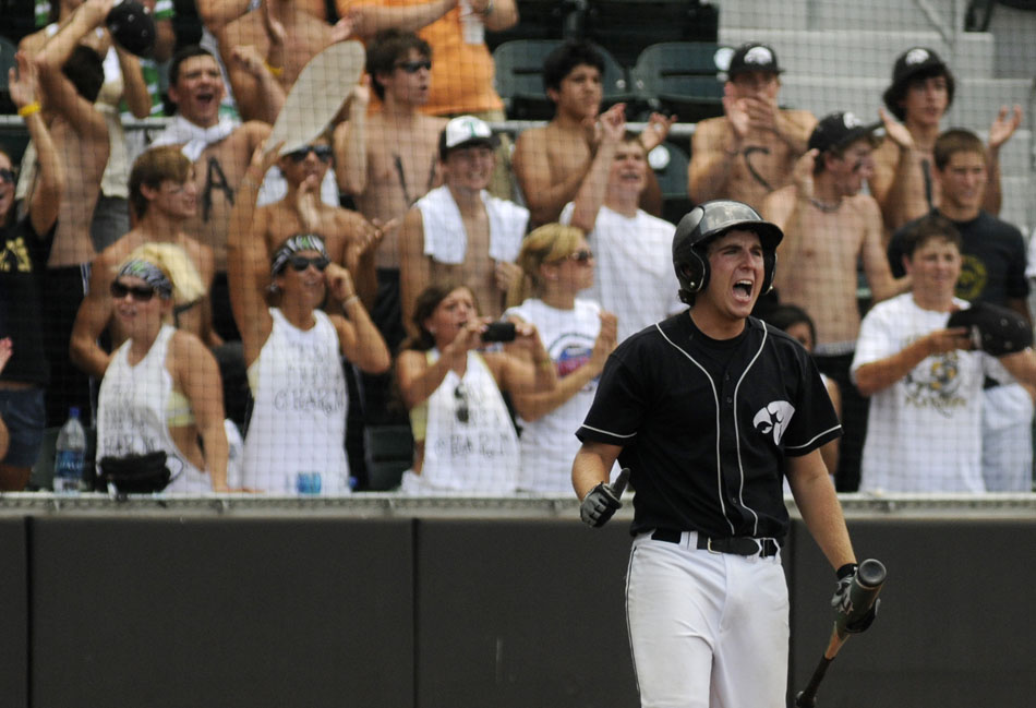 Pleasant Grove's Cole Riddell reacts after his team scored in the ninth inning, breaking a 0-0 tie against Gidding during the Class 3A state championship game at Disch-Falk Field on Thursday, June 10, 2010. Pleasant Grove would go on to win 2-0.