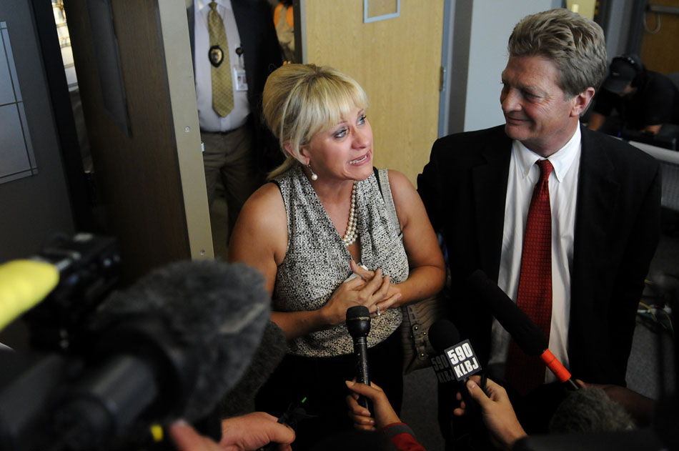 Jennifer Cave's mother Sharon Sedwick and Sharon's husband Jim Sedwick talk to the media after the sentencing verdict in Laura Hall's trial at the CJC on Friday July 2, 2010.