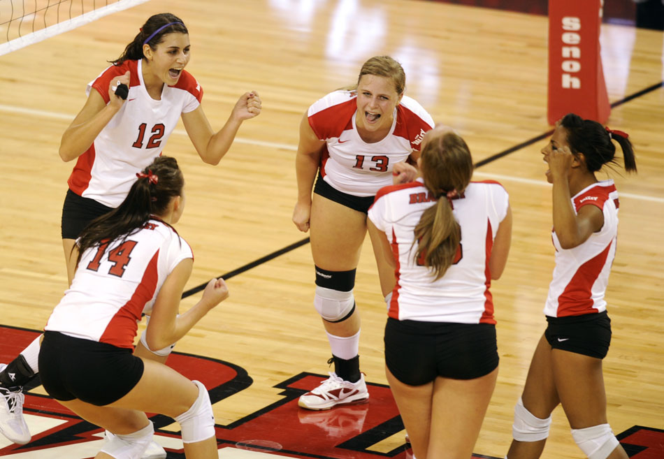 Bradley players celebrate after they scored a point against Western Illinois during a game in the university's new Athletic Performance Center on Friday, Aug. 27, 2010. Bradley won 3-0.