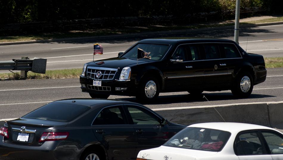 An armored limousine carrying President Barack Obama passes heads South on Interstate 35 towards Bergstrom International Airport on Monday, Aug. 9, 2010. Obama spoke to Democratic fundraisers downtown and students at the University of Texas before concluding his trip to Austin. Later in the day, the president is scheduled to make a stop in Dallas.