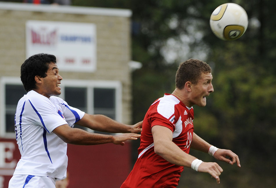 Bradley's Wojciech Wojcik, right, heads the ball away from SMU's Arthur Ivo during a game on Saturday, Sept. 19, 2010, at Shea Stadium in Peoria.