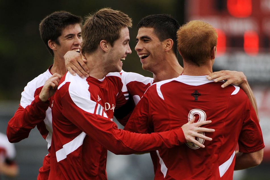 Bradley players celebrate with teammate Christian Meza, second from right, after he scored the game's first goal on Saturday, Sept. 19, 2010, at Shea Stadium in Peoria. Bradley lost 3-1 to SMU.