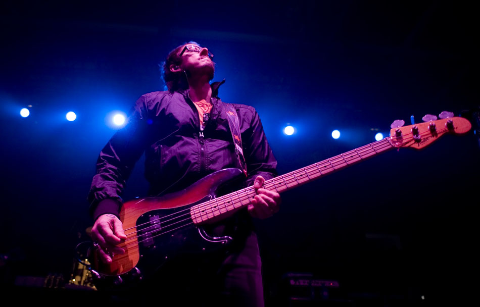 Weezer bassist Scott Shriner plays an intro to get the crowd pumped at the start of a performance on Saturday, Sept. 25, 2010, at Bradley University.