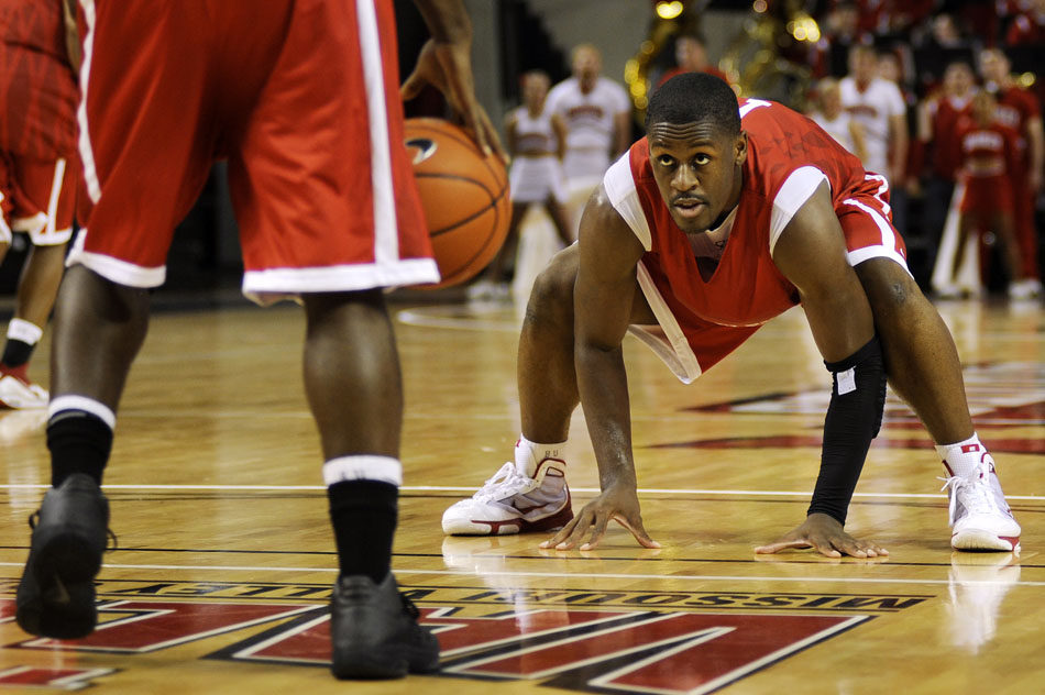 Bradley guard Dodie Dunson, right, stares down his defensive assignment during a scrimmage on Sunday, Oct. 24, 2010, at the Renaissance Coliseum.