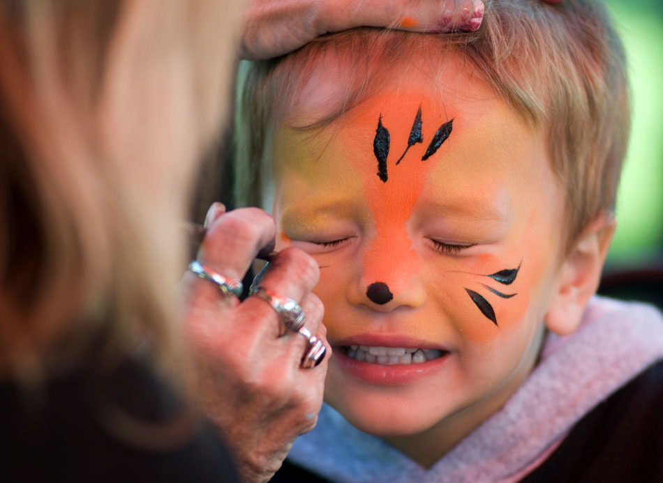 Uan Chatwell, age 2, reacts as an artist paints a few tiger stripes on the younger's face during the Walk to Cure Diabetes on Sunday, Oct. 3, 2010, at Glen Oak Park.