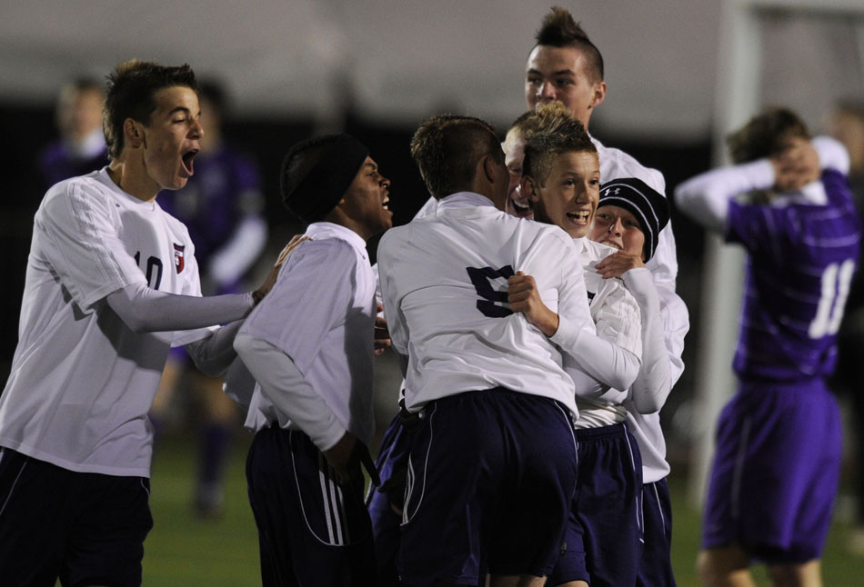 Lisle players celebrate after their lone goal of the game during the Class 1A state championship on Saturday, Oct. 30, 2010, in Naperville. Lisle won 1-0.