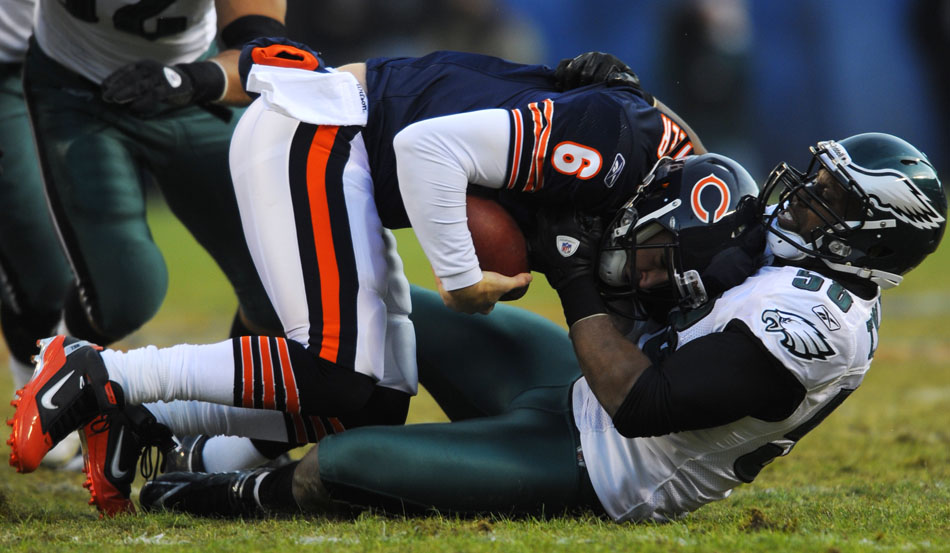 Philadelphia Eagles defensive end Trent Cole (58) drags down Chicago Bears quarterback Jay Cutler (6) for a sack during the first half of a game on Sunday, Nov. 28, 2010, at Soldier Field in Chicago.