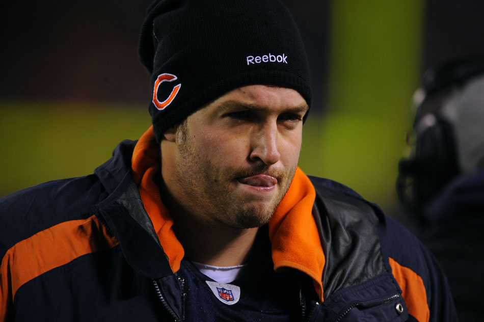 Chicago Bears quarterback Jay Cutler (6) is seen on the sidelines during a game on Sunday, Nov. 28, 2010, at Soldier Field in Chicago.