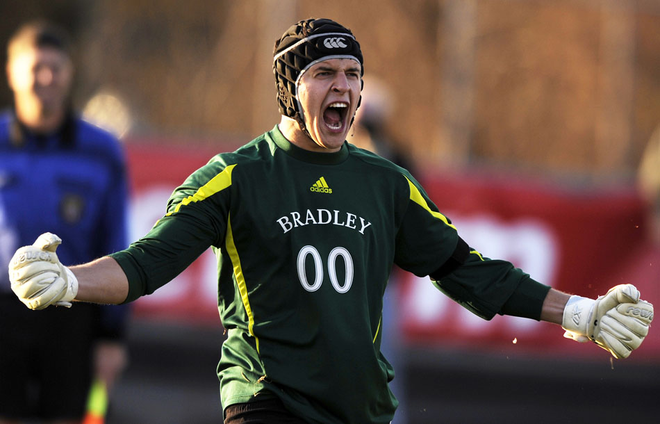 Bradley keeper Brian Billings reacts after making a save during penalty kicks in the Missouri Valley Conference championship game against SIU Edwardsville on Sunday, Nov. 14, 2010, at Shea Stadium. Bradley won 4-3 in penalty kicks after playing two overtime periods.