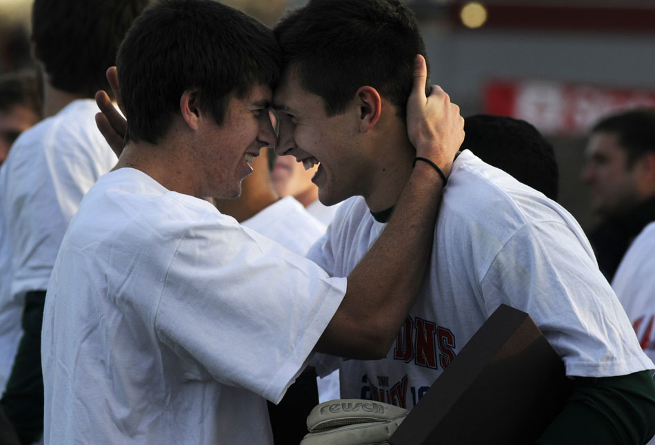 Bradley's Aodhan Quinn, left, shares a moment with keeper Brian Billings after the team captured the Missouri Valley Conference title with a 4-3 penalty kicks win against SIU Edwardsville on Sunday, Nov. 14, 2010, at Shea Stadium.