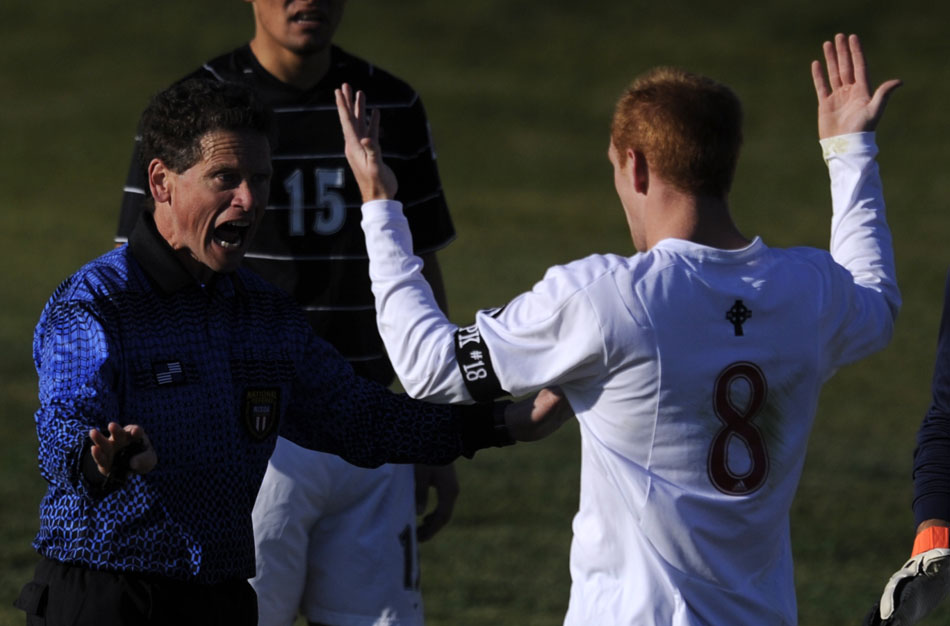 The official yells at Bradley's Jochen Graf during a game on Sunday, Nov. 14, 2010, at Shea Stadium.