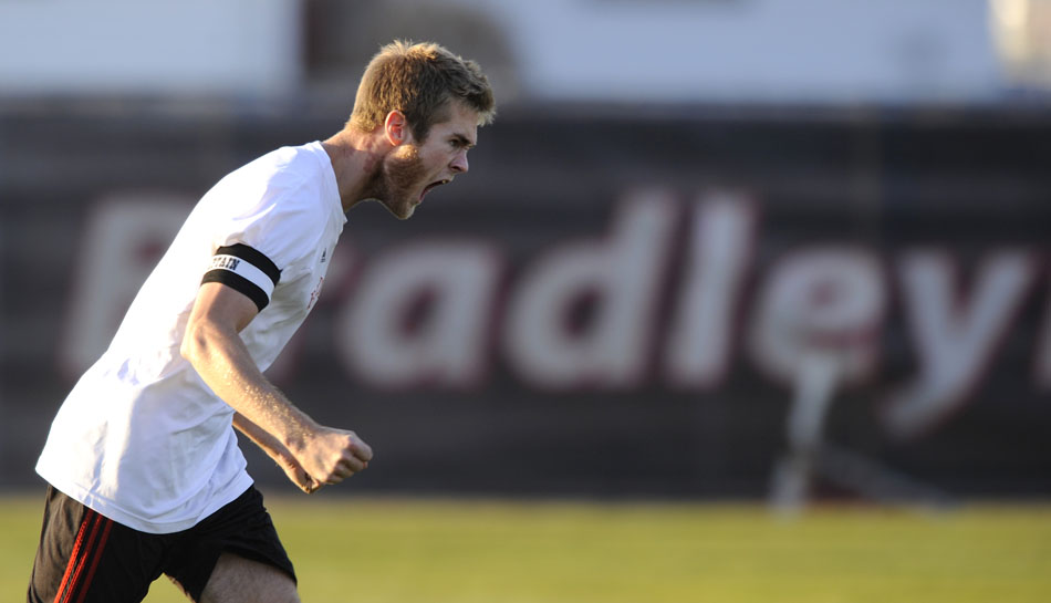 Bradley's Bobby Smith celebrates after connecting on a penalty kick in overtime during a game on Sunday, Nov. 14, 2010, at Shea Stadium.