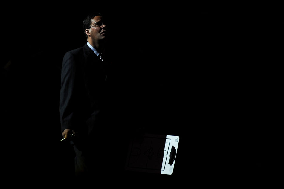 Indiana coach Tom Crean watches as a video plays before a game against Franklin on Wednesday, Nov. 3, 2010, at Assembly Hall in Bloomington, Ind.