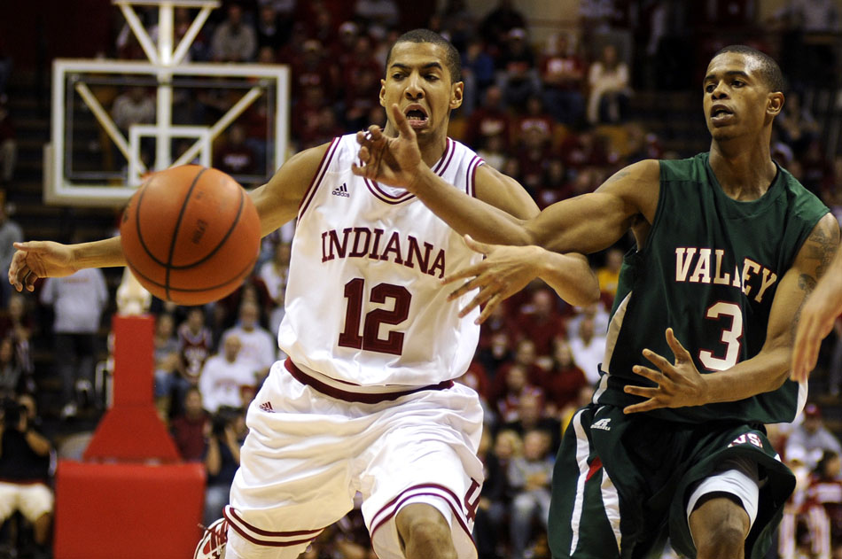 Indiana guard Verdell Jones III struggles for control of the ball with Mississippi Valley State's Terrence Joyner during a game on Tuesday, Nov. 16, 2010, at Assembly Hall.