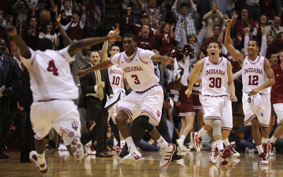 Indiana guard Matt Roth (30) and Verdell Jones III (12) react after Victor Oladipo hit a half-court shot at the buzzer during a game against North Carolina Central on Tuesday, Nov. 23, 2010, at Assembly Hall.