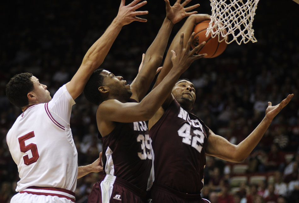 North Carolina Central's Dijon Manns (42) grabs a rebound during a game on Tuesday, Nov. 23, 2010, at Assembly Hall.