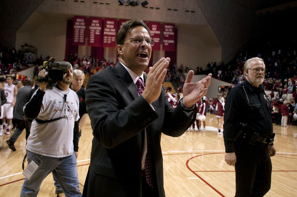 Indiana head coach Tom Crean reacts to applause from the IU student section after a game against North Carolina Central on Tuesday, Nov. 23, 2010, at Assembly Hall.