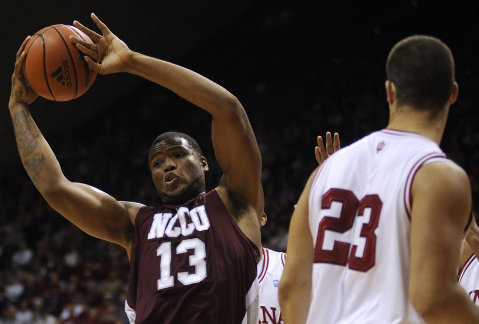 North Carolina Central's David Best (13) grabs a rebound during a game on Tuesday, Nov. 23, 2010, at Assembly Hall.