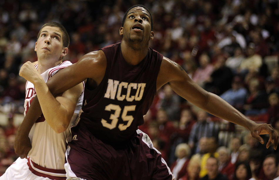 Indiana guard Matt Roth works on North Carolina Central's Samuel Chasten during a game on Tuesday, Nov. 23, 2010, at Assembly Hall.