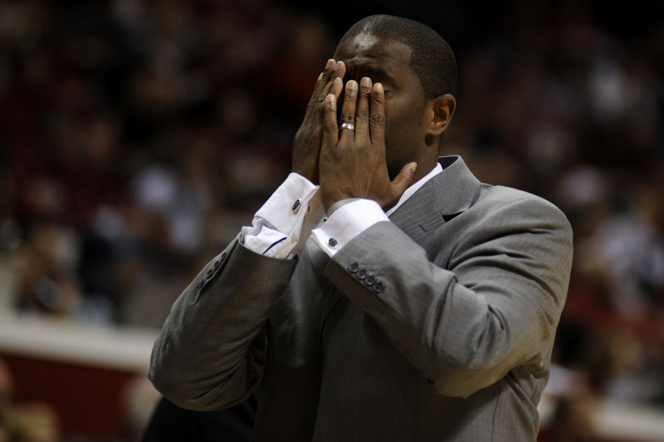 North Carolina Central coach LeVelle Moton wipes his face after his team committed a turnover during a game against Indiana on Tuesday, Nov. 23, 2010, at Assembly Hall.