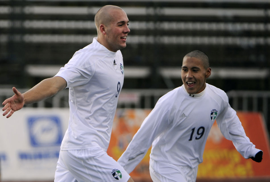 Peoria Notre Dame's Vince Cicciarelli, left, celebrates with teammate Alex Garcia after a goal during the Class 2A semi-final on Friday, Nov. 5, 2010, in Naperville. Notre Dame won 4-0 to advance to Saturday's state championship game.