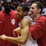 Indiana forward Kory Barnett, right, hugs guard Verdell Jones III after IU's 81-78 overtime victory against Minnesota on Sunday, Jan. 17, 2010, at Assembly Hall. Jones hit a jumper late in the game to regain the lead with less than a minute remaining in overtime.