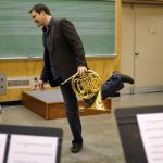 Indiana professor Jeff Nelsen walks off the "stage" after a mock audition performance for his students during a class on Saturday, Feb. 6, 2010, at the Jacobs School of Music. Nelsen teaches a class to help music students combat stage fright associated with audition performances.