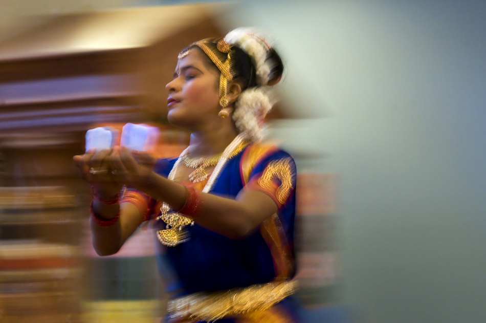 A performer dances to a Bharatanatyam, a traditional and classical Indian dance, during a show on Sunday, Oct. 17, 2010, at the Hindu Temple of Central Illinois. The performer, who is blind, was performing with a troupe from the Shree Ramana Maharishi Academy for the Blind in India.