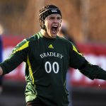 Bradley keeper Brian Billings reacts after making a save during penalty kicks in the Missouri Valley Conference championship game against SIU Edwardsville on Sunday, Nov. 14, 2010, at Shea Stadium. Bradley won 4-3 in penalty kicks after playing two overtime periods.