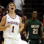 Indiana guard Jordan Hulls reacts after making a no-look pass to teammate Victor Oladipo during a game on Tuesday, Nov. 16, 2010, at Assembly Hall.