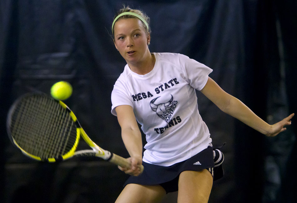 Mesa State's Kate Lowder, a former Central tennis standout, competes during a match against the University of Wyoming on Friday, Jan. 21, 2011, at the Frontier Park Tennis Complex in Cheyenne.