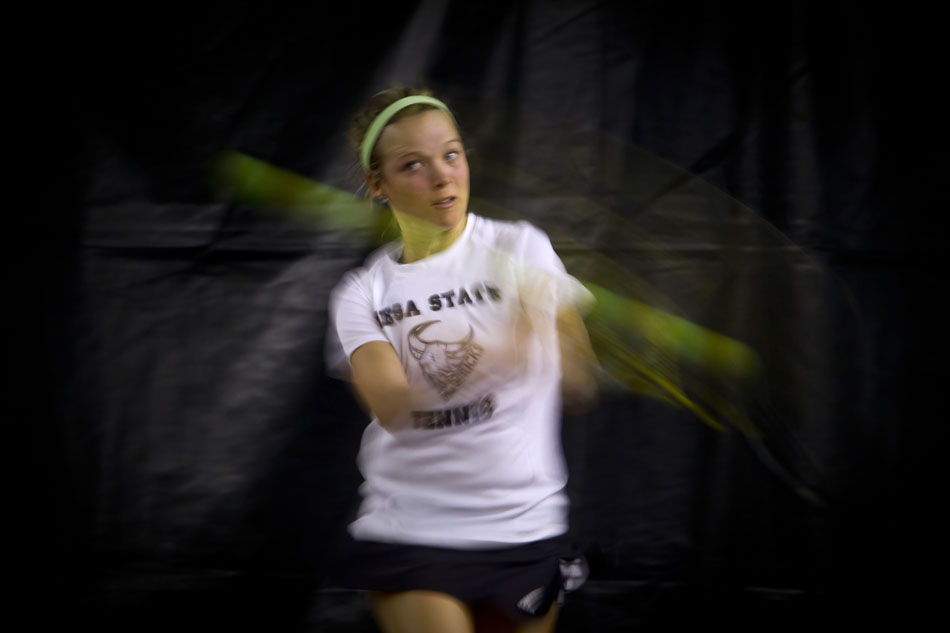 Mesa State's Kate Lowder, a former Central tennis standout, competes during a match against the University of Wyoming on Friday, Jan. 21, 2011, at the Frontier Park Tennis Complex in Cheyenne.