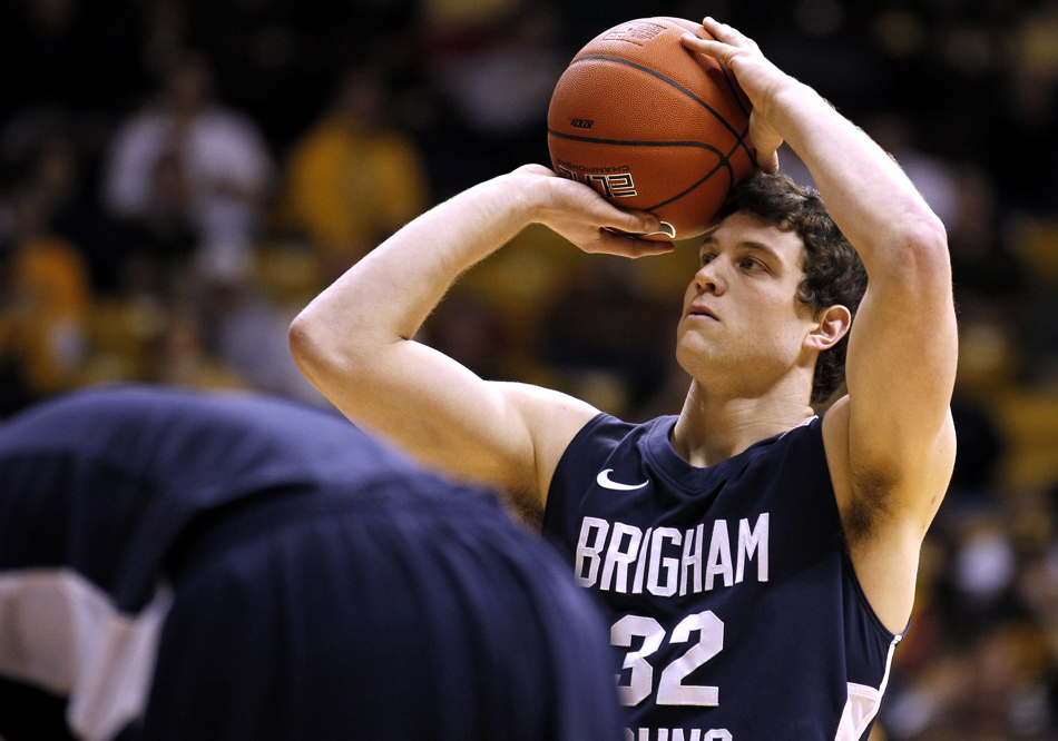 BYU guard Jimmer Fredette (32) shoots a free throw during a game on Tuesday, Feb. 2, 2011, in Laramie, Wyo. BYU won 69-62.