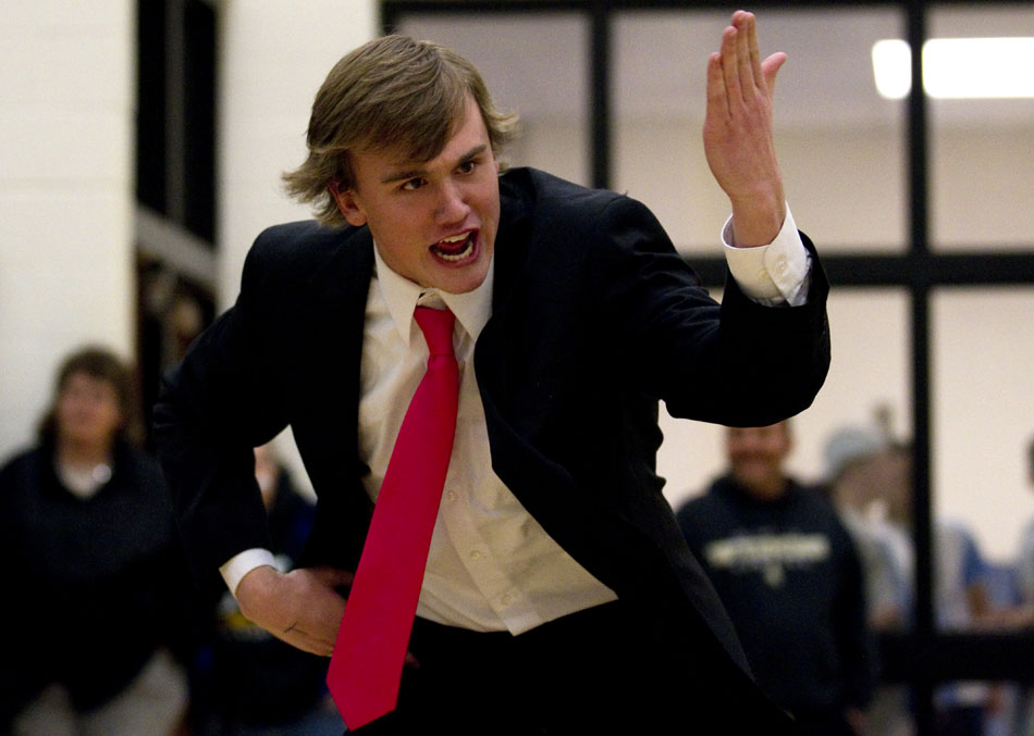 Jeremiah Hunter, playing the role of a dodgeball coach, yells at his team during a charity tournament on Tuesday, Feb. 8, 2011, at East High School. The tournament benefited the Denver Children's Miracle Network.