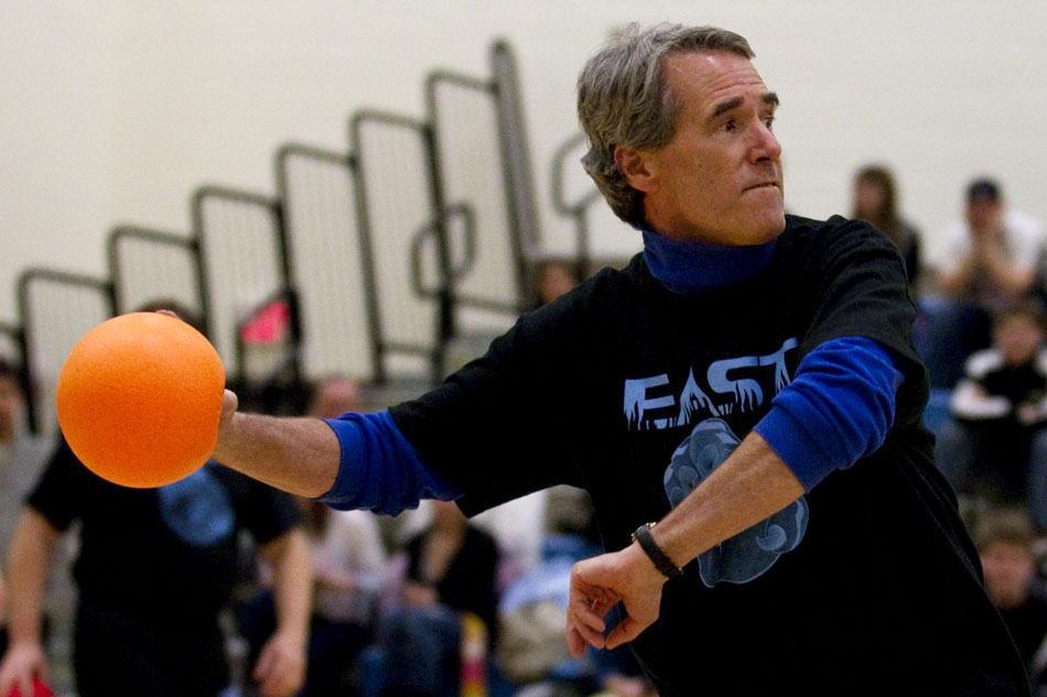 Tom Kreider prepares to let loose a dodgeball in a game during a charity tournament on Tuesday, Feb. 8, 2011, at East High School. The tournament benefited the Denver Children's Miracle Network.