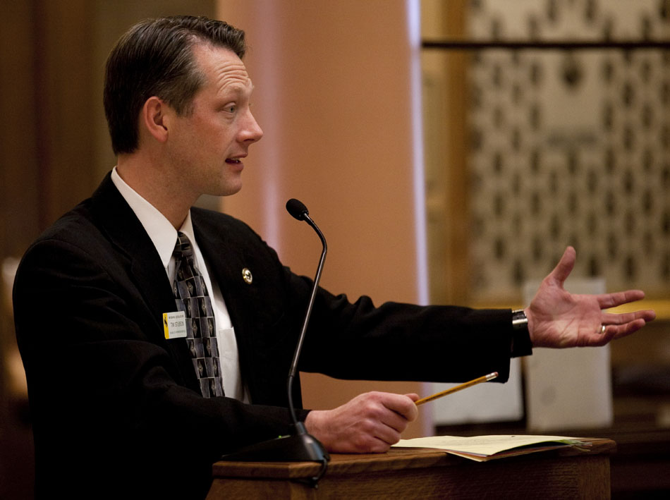 Rep. Tim Stubson, R-Casper, debates a proposed amendment to SF0146, the Teacher Accountability Act, during a third reading on the floor of the House on Wednesday, Feb. 23, 2011, at the Wyoming State Capitol in Cheyenne. The House passed the bill.