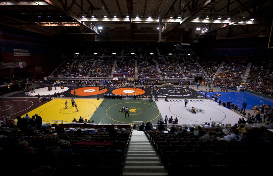 Wrestlers take part in the Wyoming state wrestling semi-finals on Friday, Feb. 25, 2011, in Casper, Wyo.