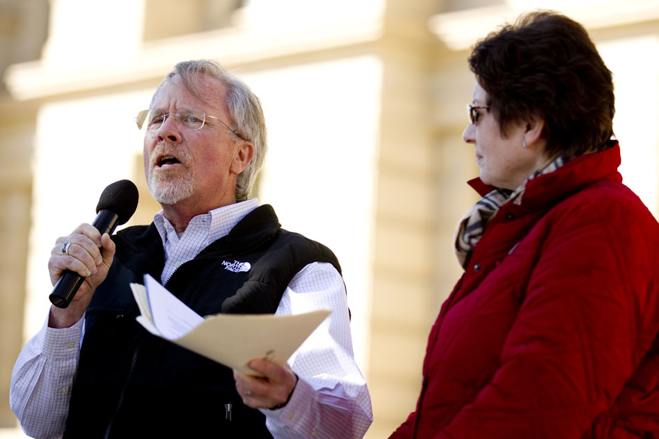 The Rev. Rodger McDaniel speaks to a group of opponents of House Bill 74 (Validity of Marriages) along with his wife, Patricia, on Wednesday, Feb. 16, 2011, on the steps of the Wyoming State Capitol in Cheyenne, Wyo. The Wyoming Senate has given preliminary approval to a bill that would ban state recognition of same-sex marriages performed elsewhere. The Senate voted 17-12 on Wednesday to approve the bill. Proponents of the bill say they want to defend Wyoming's traditional definition of marriage of existing only between one man and one woman.