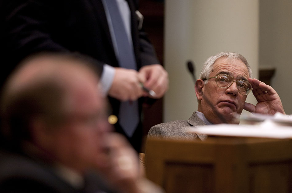 Sen. John Schiffer, R-Kaycee, listens as Sen. Curt Meier, R-LaGrange, speaks during debate on HB0147 (Excise tax-vendor compensation) on Tuesday, March 1, 2011, at the Wyoming State Capitol in Cheyenne. The bill passed 23-6 after a third reading.