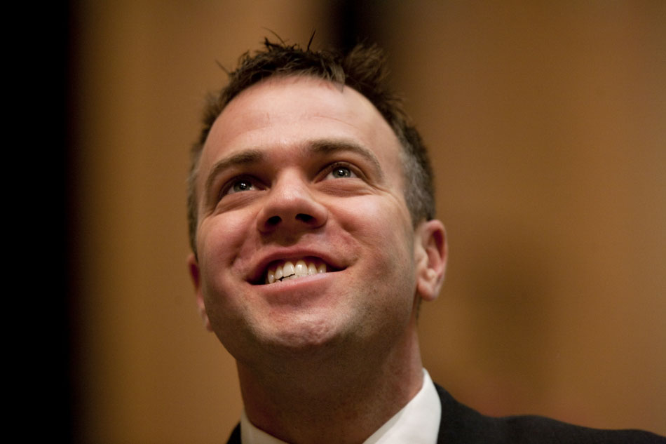 Rep. Matt Greene, R-Laramie, smiles as the House recognizes a group of high school students in the House gallery on Wednesday, March 2, 2011, at the Wyoming State Capitol in Cheyenne.