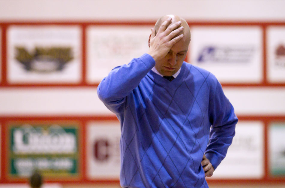 Cheyenne East coach Zane Jacobsen reacts to a call late in a loss to Natrona County during a Class 4A boy's basketball state tournament game on Thursday, March 10, 2011, in Casper.