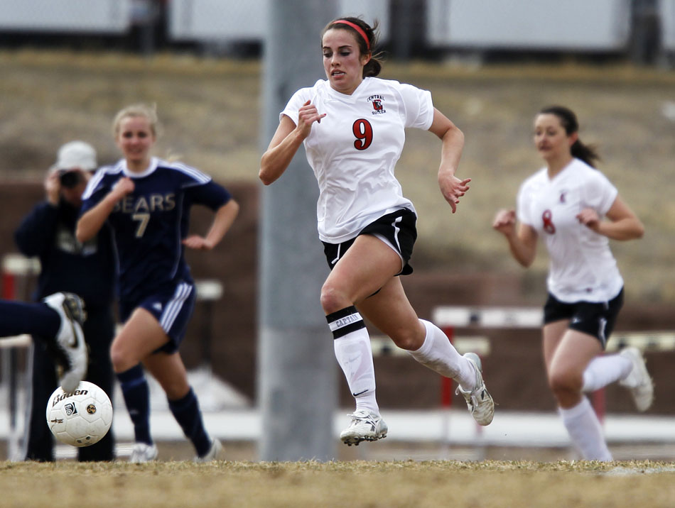 Cheyenne Central's Makena Cameron (9) advances the ball down the pitch during a high school girl's soccer game on Saturday, March 19, 2011, at Cheyenne Central High School. Palmer Ridge won 3-2 in overtime.