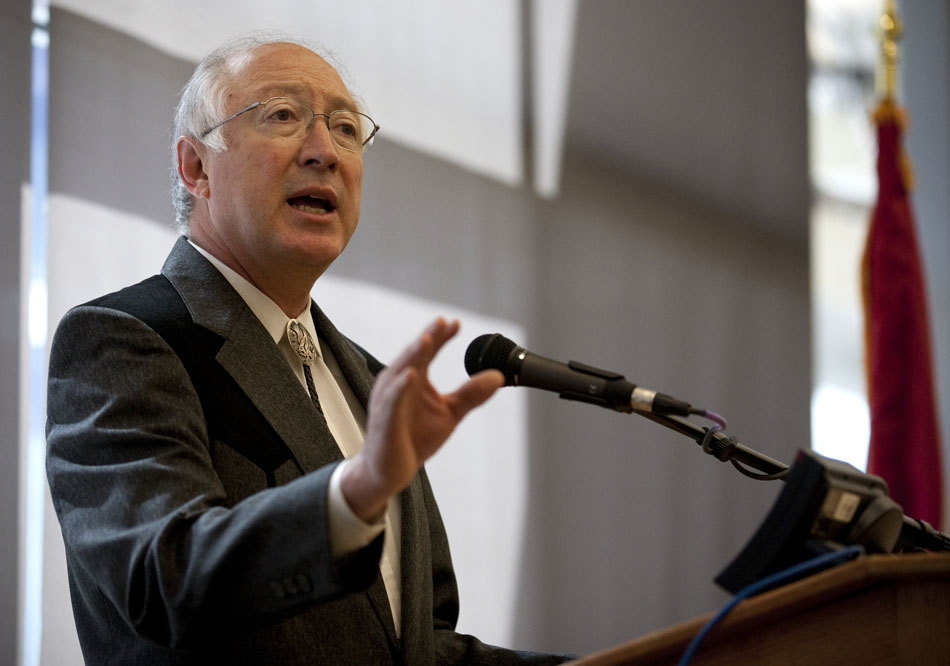 Secretary of the Interior Ken Salazar answers a question during a press conference announcing coal lease sales in Wyoming on Tuesday, March 22, 2011, at Cheyenne South High School in Cheyenne, Wyo. The tracts to be leased contain an estimated 758 million tons of low sulfur coal.