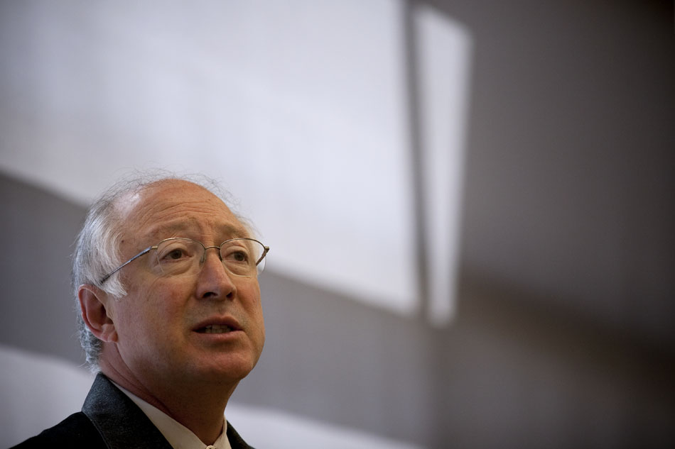 Secretary of the Interior Ken Salazar answers a question during a press conference announcing coal lease sales in Wyoming on Tuesday, March 22, 2011, at Cheyenne South High School in Cheyenne, Wyo. The tracts to be leased contain an estimated 758 million tons of low sulfur coal.