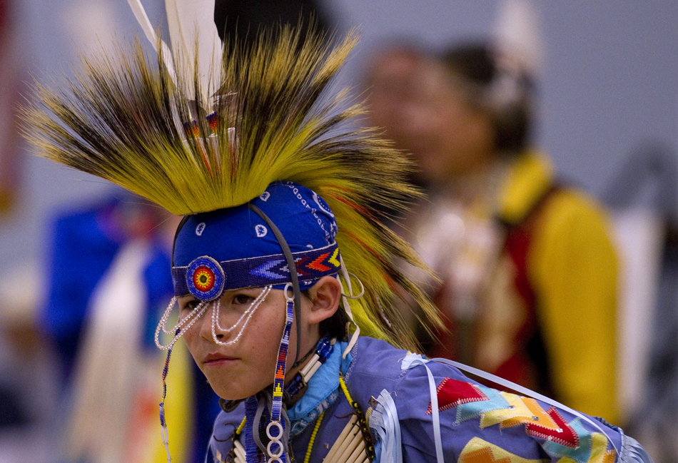 Jeremiah Wadena, age 12, dances in an inter-tribal dance during a traditional powwow held by the Southeast Wyoming Inter-Tribal Powwow Association (SEWIPA) on Saturday, March 26, 2011, at Laramie County Community College in Cheyenne.