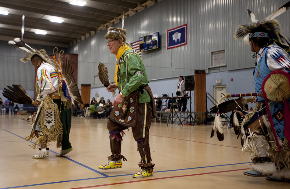Performers dance at the start of an inter-tribal dance during a traditional powwow held by the Southeast Wyoming Inter-Tribal Powwow Association (SEWIPA) on Saturday, March 26, 2011, at Laramie County Community College in Cheyenne.