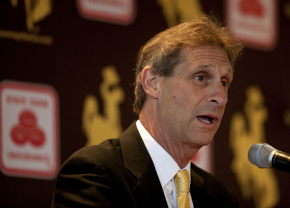 Wyoming basketball coach Larry Shyatt speaks to fans and members of the media during a press conference introducing him as the new Wyoming men's basketball coach on Wednesday, April 6, 2011, at the University of Wyoming in Laramie, Wyo. Shyatt, who was most recently an assistant coach at Florida, returns to head a program he coached for one season in 1997-1998 before leaving to coach at Clemson.