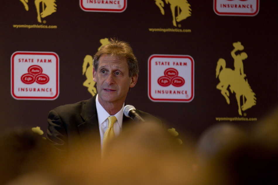 Wyoming basketball coach Larry Shyatt speaks to fans and members of the media during a press conference introducing him as the new Wyoming men's basketball coach on Wednesday, April 6, 2011, at the University of Wyoming in Laramie, Wyo. Shyatt, who was most recently an assistant coach at Florida, returns to head a program he coached for one season in 1997-1998 before leaving to coach at Clemson.